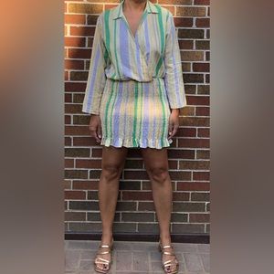 Zara Striped Linen Dress w/ Smocked Skirt - Large